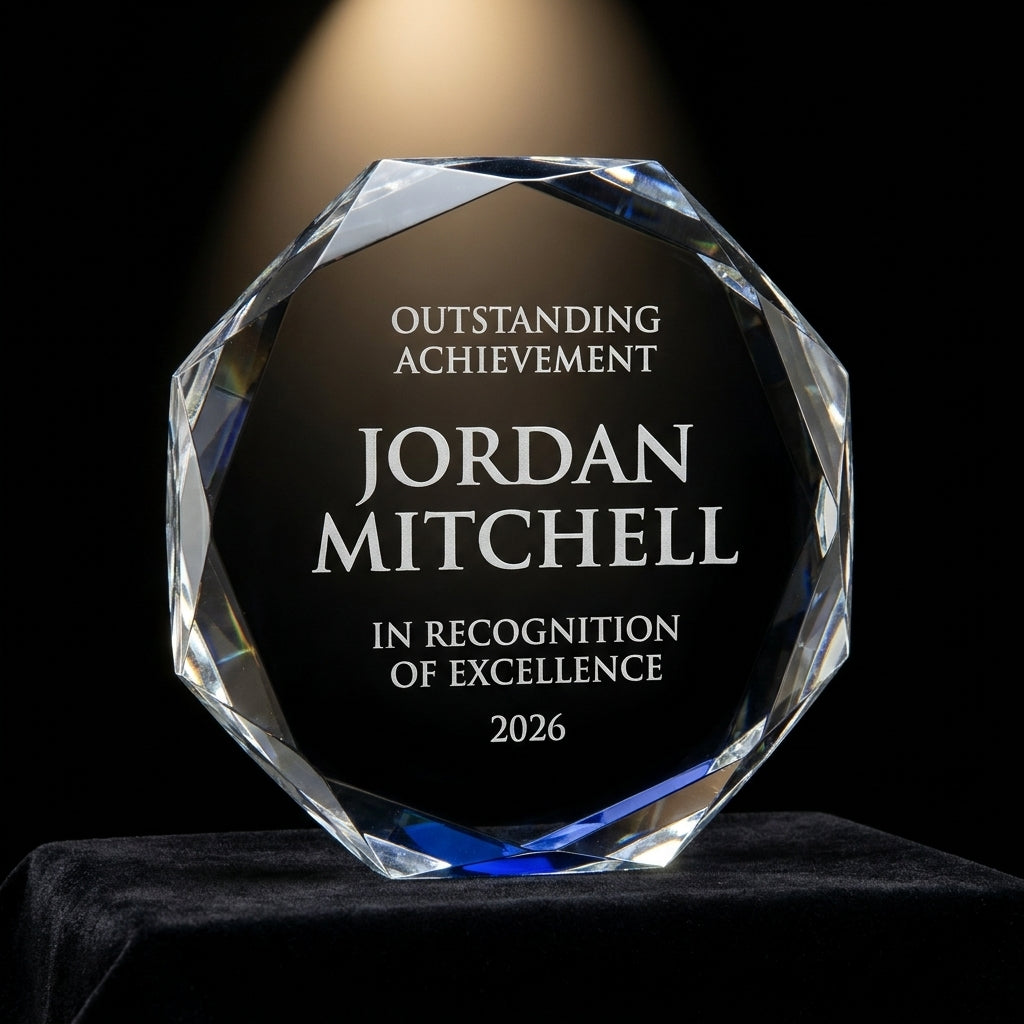 Personalized Bowl crystal award on black velvet under awards-ceremony spotlight, engraved champion and lifetime achievement award