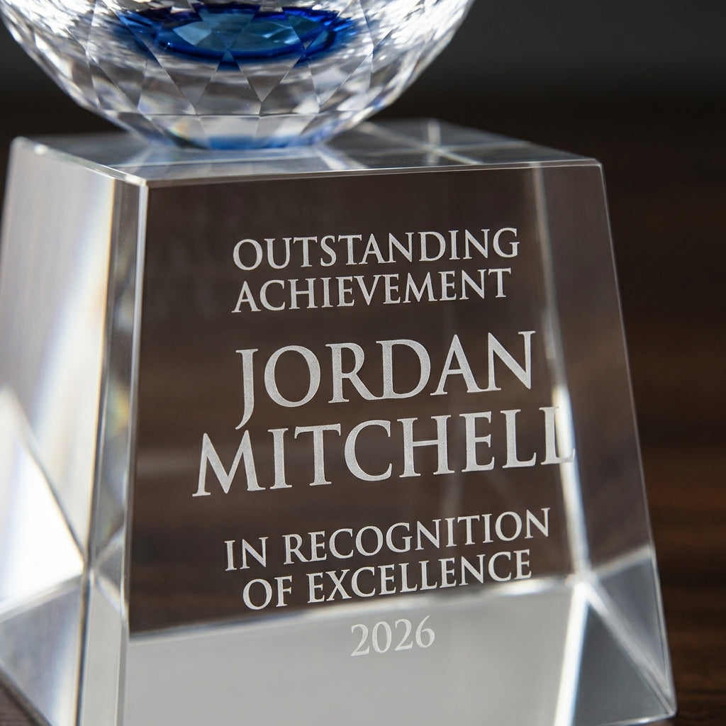Close-up of the custom laser engraving on a personalized Bowl crystal award, showing crisp permanent personalization