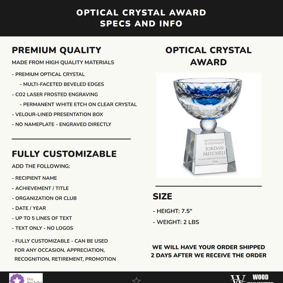 Specifications for the personalized Bowl crystal award — materials, engraving, and features