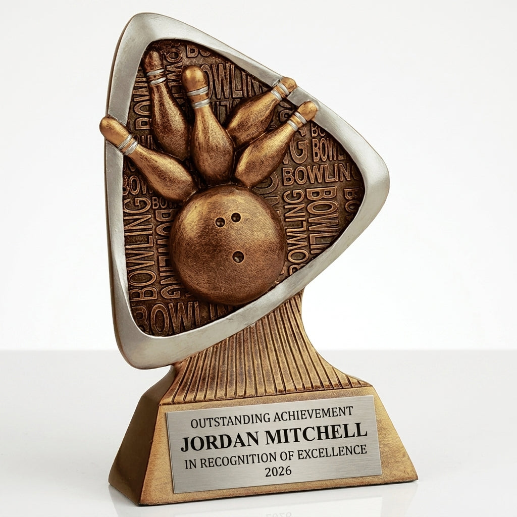 Personalized Bowling Triad Resin Award resin award, custom laser engraved recognition award on a clean white studio background
