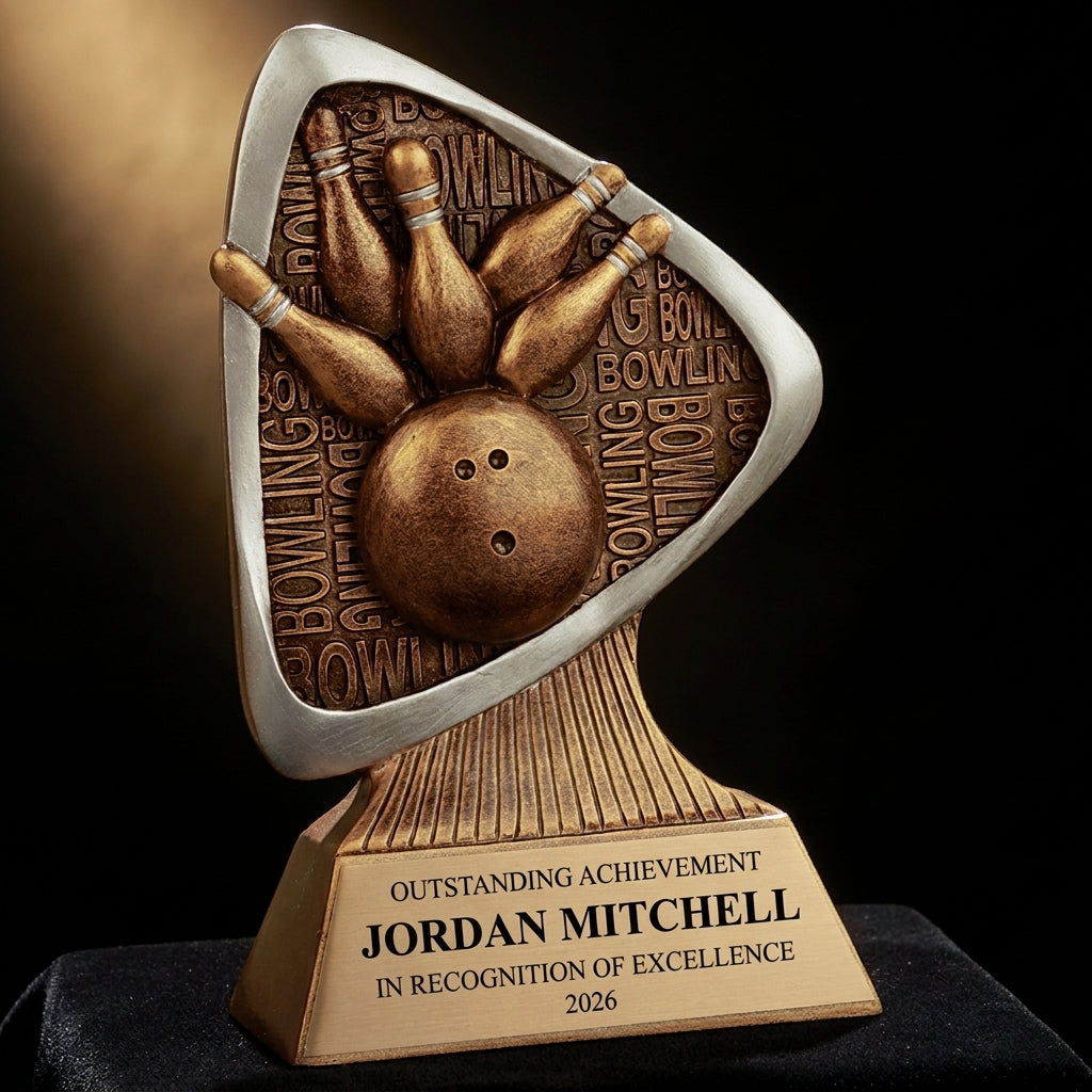 Personalized Bowling Triad Resin Award resin award on black velvet under awards-ceremony spotlight, engraved champion and lifetime achievement award