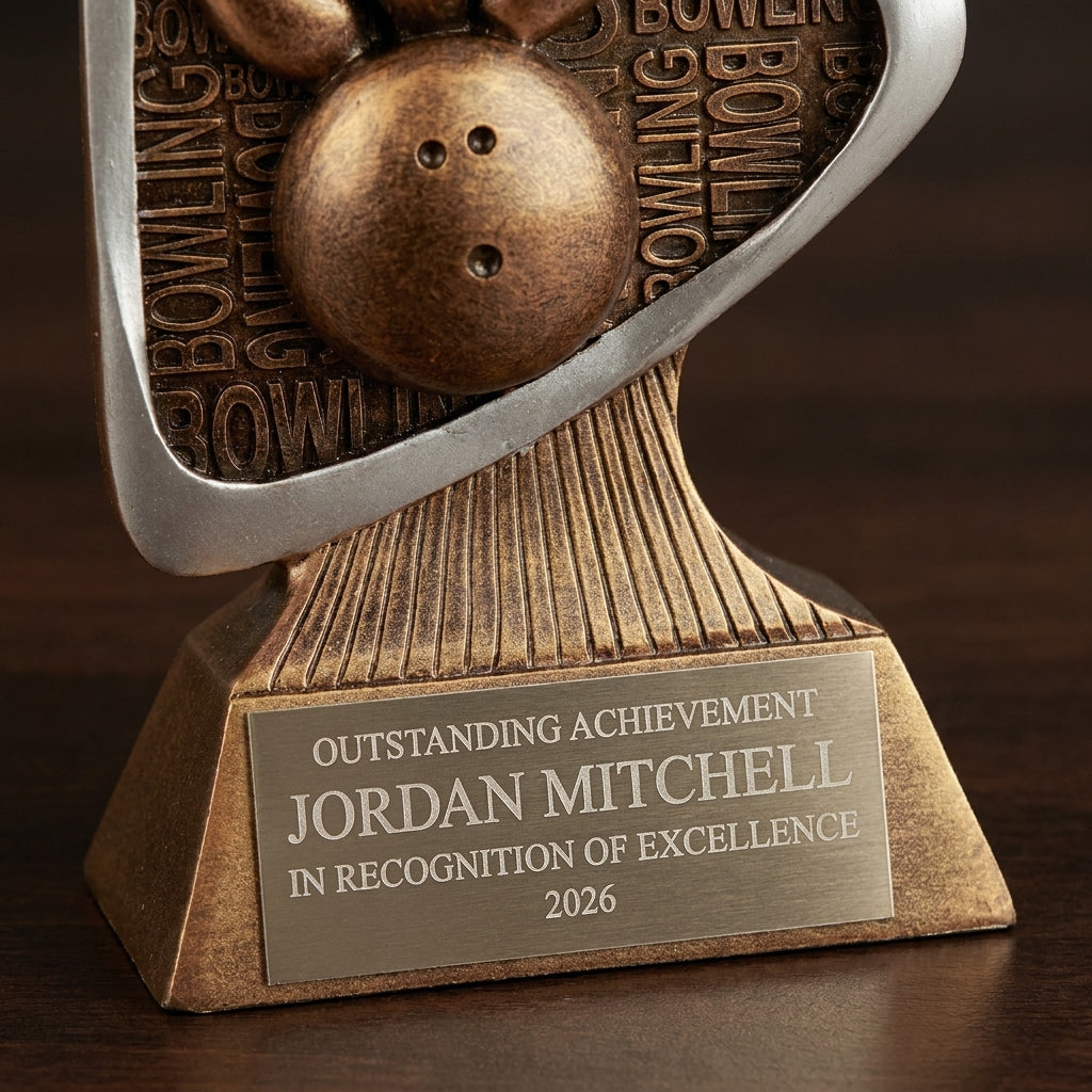 Close-up of the custom laser engraving on a personalized Bowling Triad Resin Award resin award, showing crisp permanent personalization