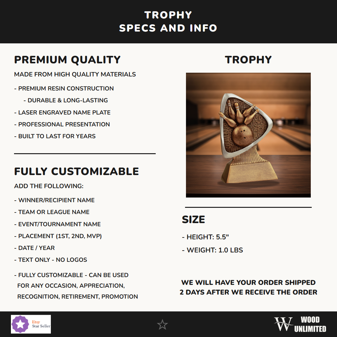 Specifications for the personalized Bowling Triad Resin Award resin award — materials, engraving, and features