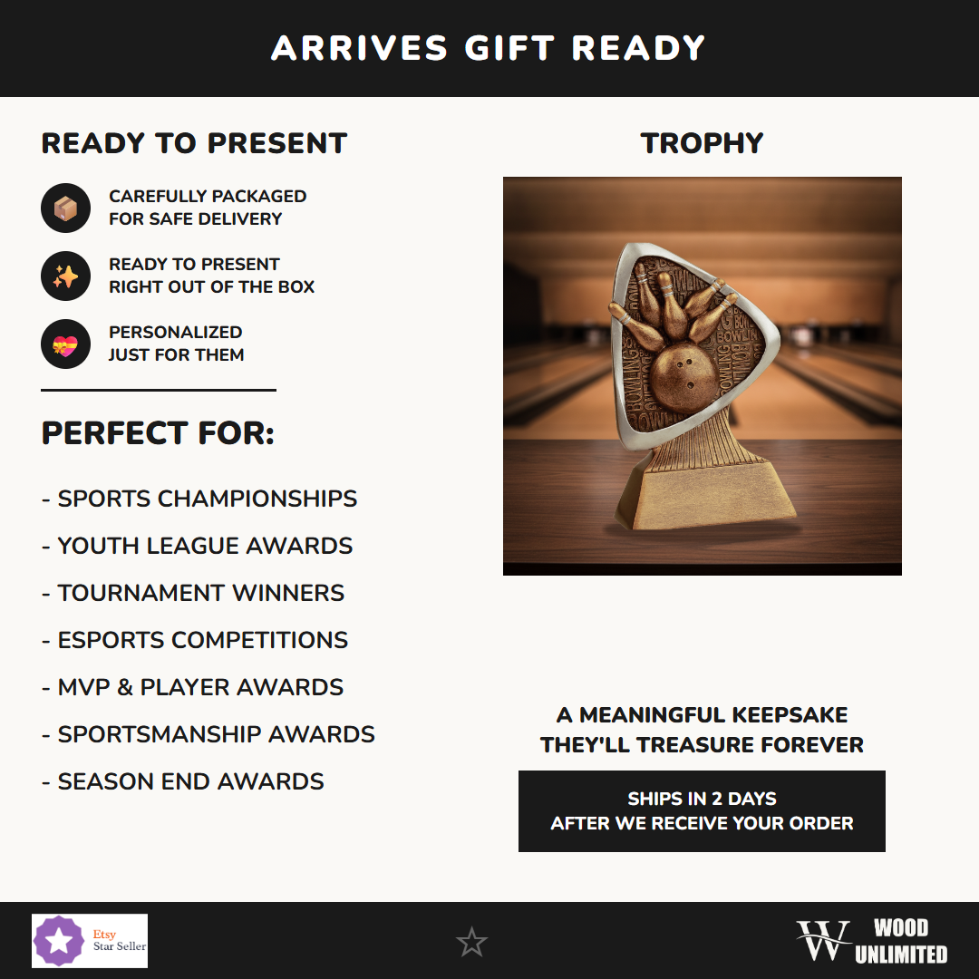 Gift-ready personalized Bowling Triad Resin Award resin award, perfect for ceremonies, retirements, and corporate recognition