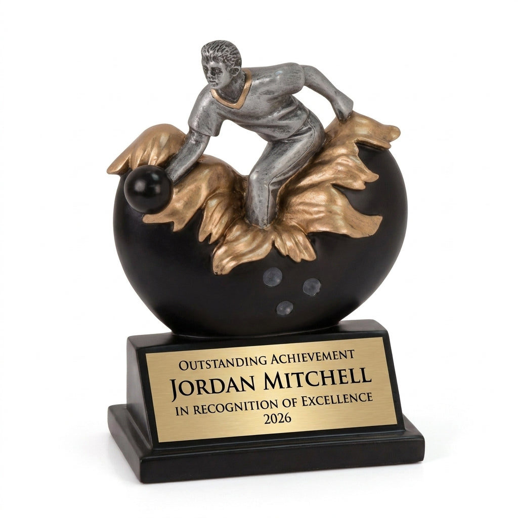 Personalized Bowling Xploding Resin Award resin award, custom laser engraved recognition award on a clean white studio background