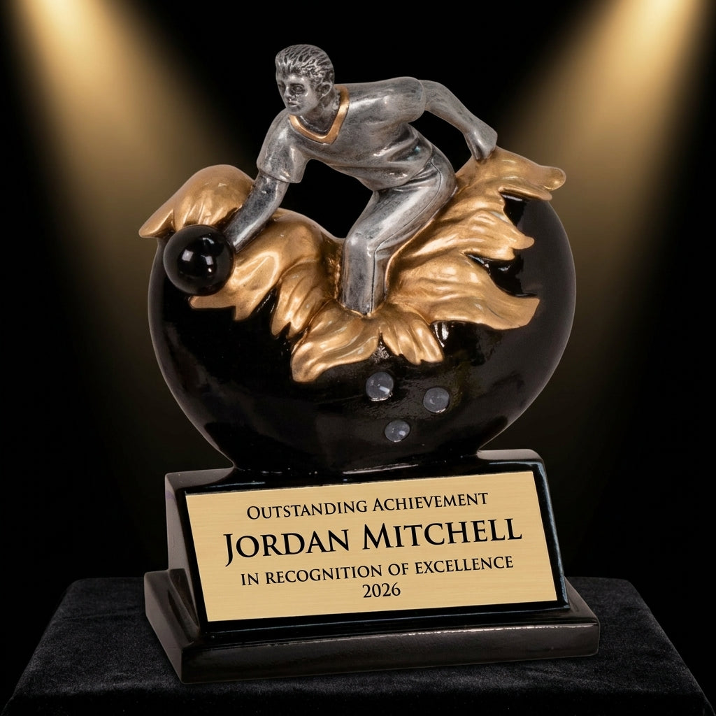 Personalized Bowling Xploding Resin Award resin award on black velvet under awards-ceremony spotlight, engraved champion and lifetime achievement award