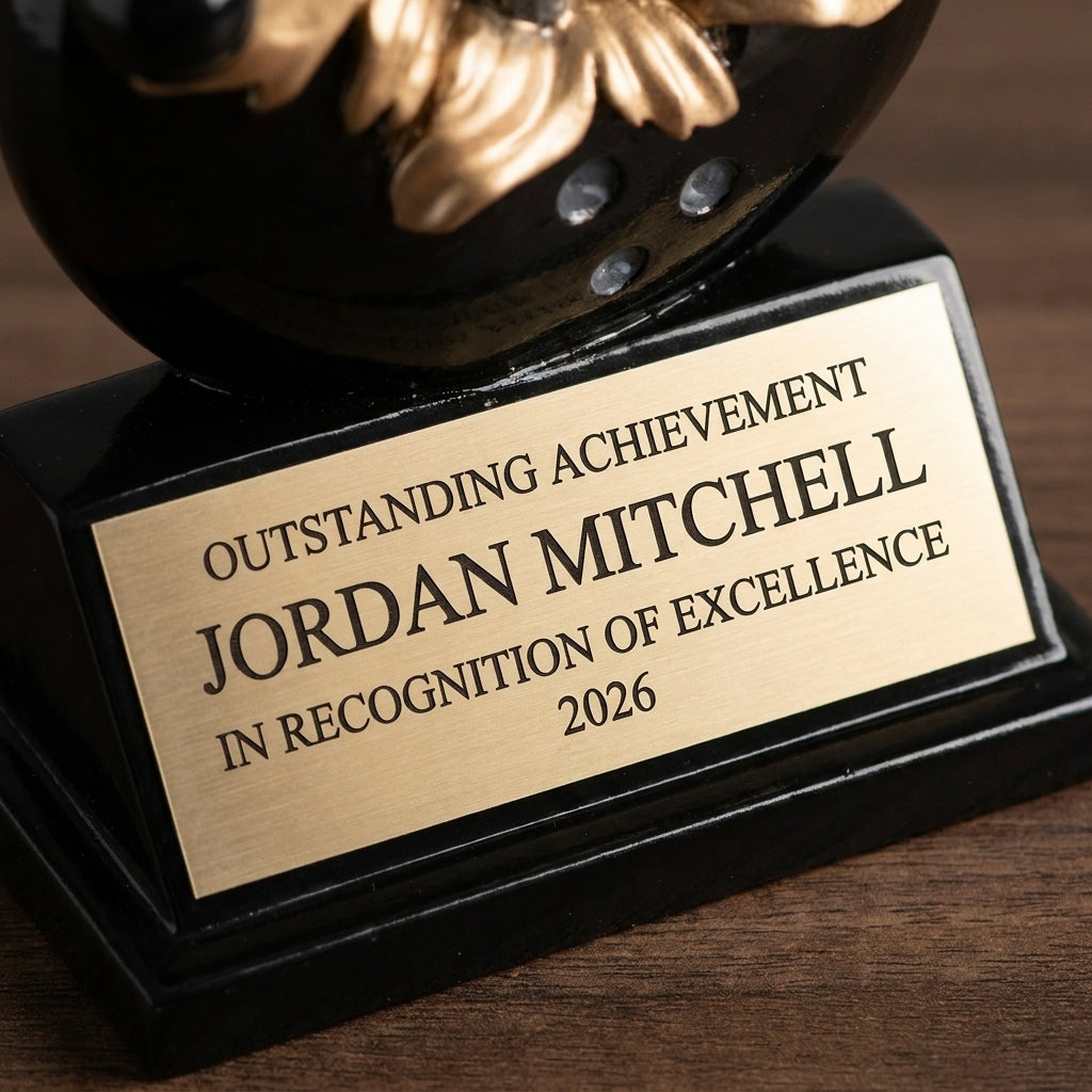 Close-up of the custom laser engraving on a personalized Bowling Xploding Resin Award resin award, showing crisp permanent personalization