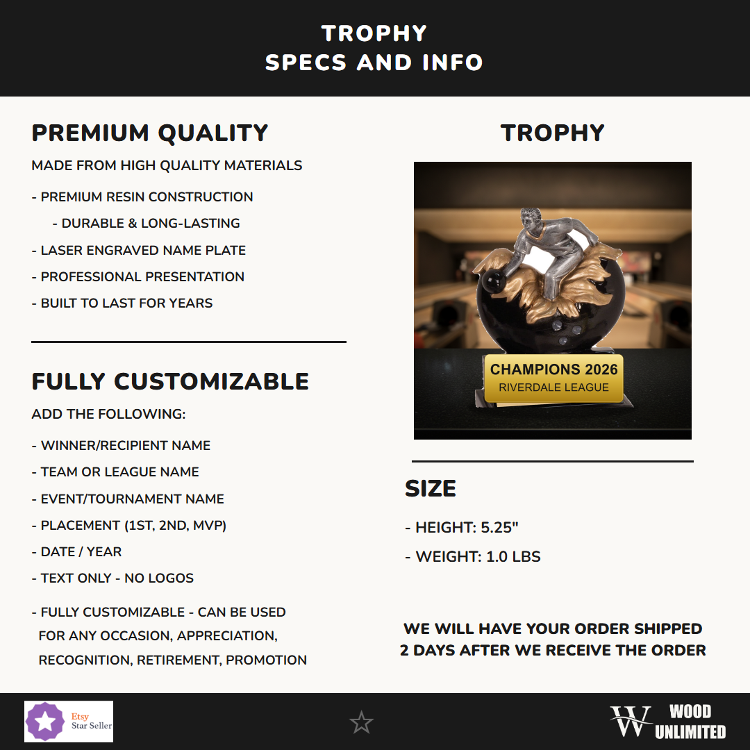 Specifications for the personalized Bowling Xploding Resin Award resin award — materials, engraving, and features