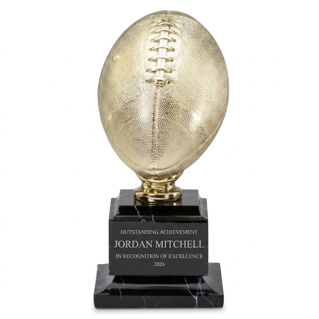 Personalized Bright Gold Football Resin Trophy resin award, custom laser engraved recognition award on a clean white studio background