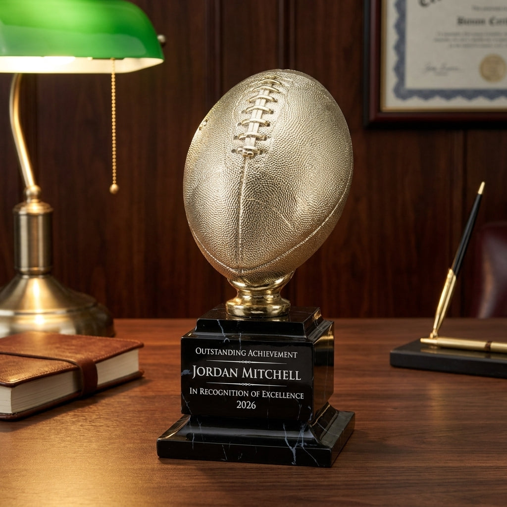 Personalized Bright Gold Football Resin Trophy resin award on a warm executive desk with a green banker's lamp, engraved corporate recognition and retirement gift