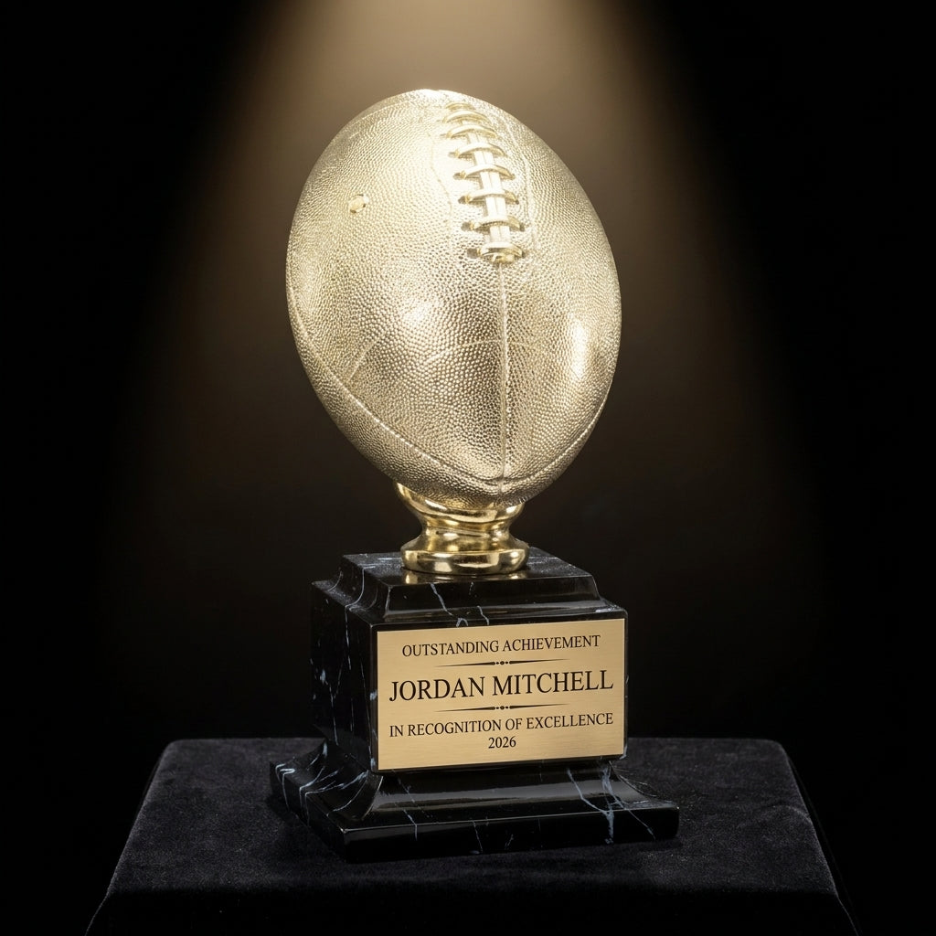 Personalized Bright Gold Football Resin Trophy resin award on black velvet under awards-ceremony spotlight, engraved champion and lifetime achievement award