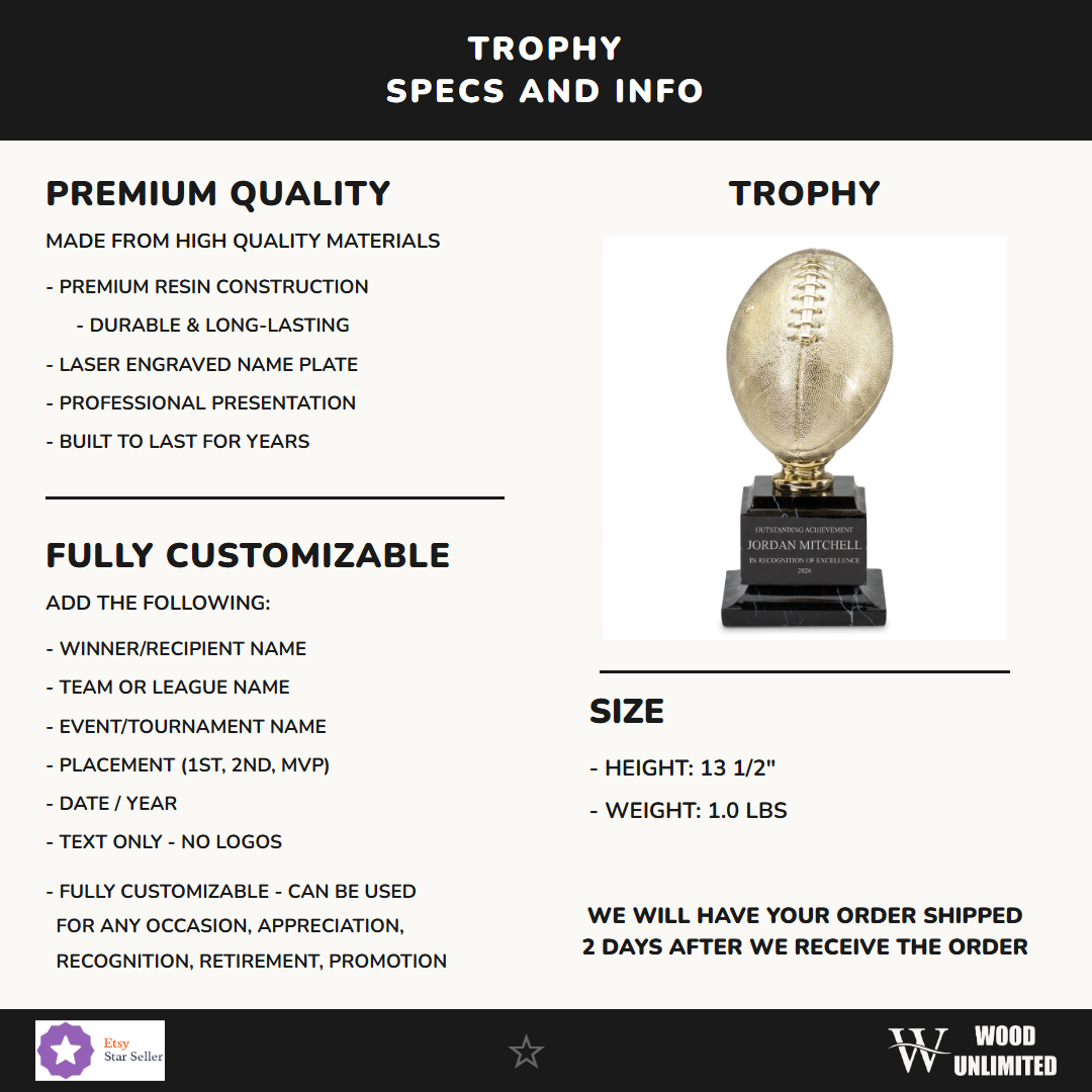 Specifications for the personalized Bright Gold Football Resin Trophy resin award — materials, engraving, and features