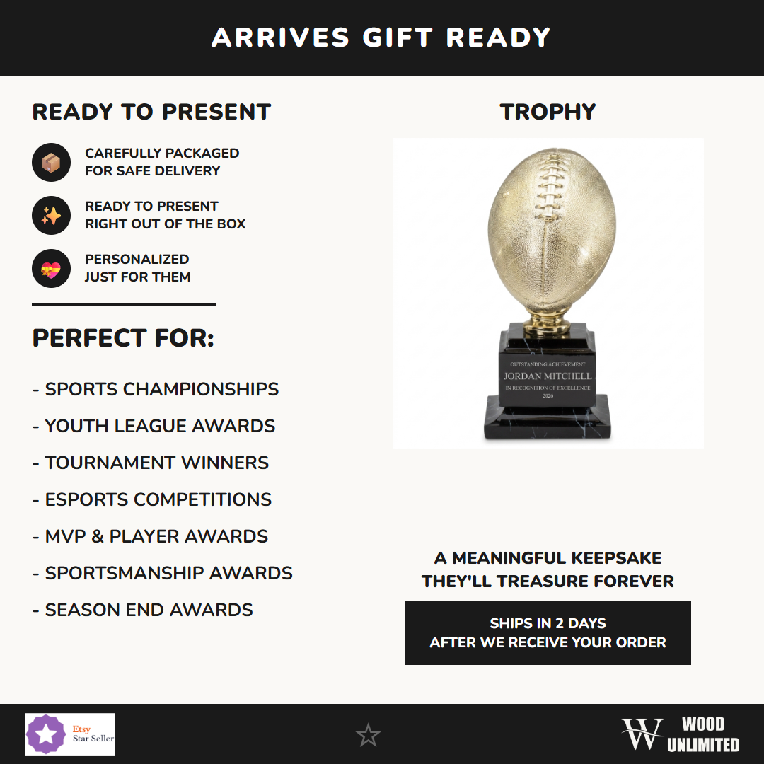 Gift-ready personalized Bright Gold Football Resin Trophy resin award, perfect for ceremonies, retirements, and corporate recognition