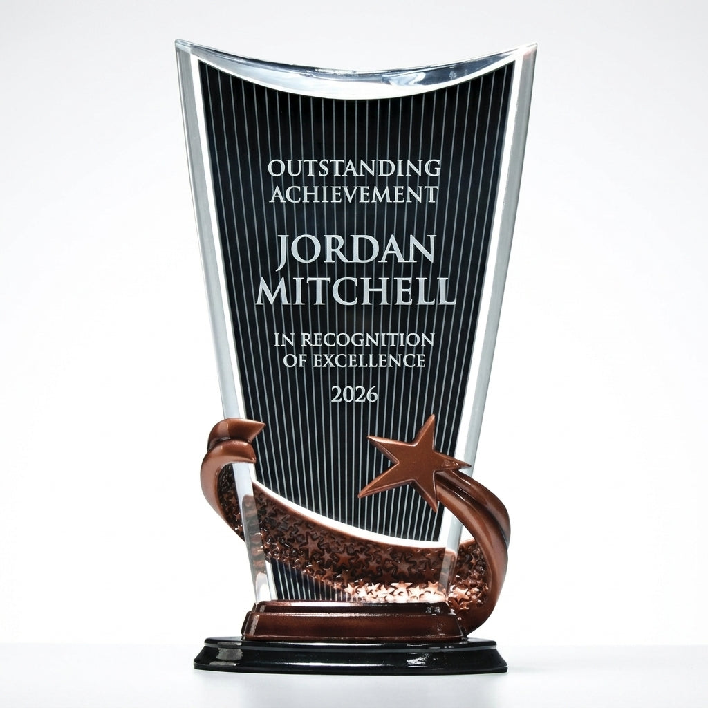 Personalized Brilliance Black Print acrylic award, custom laser engraved recognition award on a clean white studio background