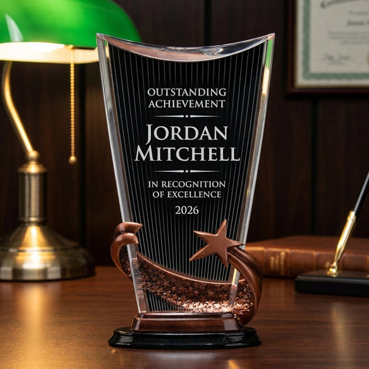 Personalized Brilliance Black Print acrylic award on a warm executive desk with a green banker's lamp, engraved corporate recognition and retirement gift
