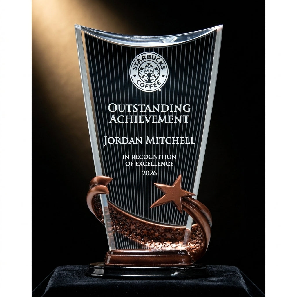 Personalized Brilliance Black Print acrylic award on black velvet under awards-ceremony spotlight, engraved champion and lifetime achievement award