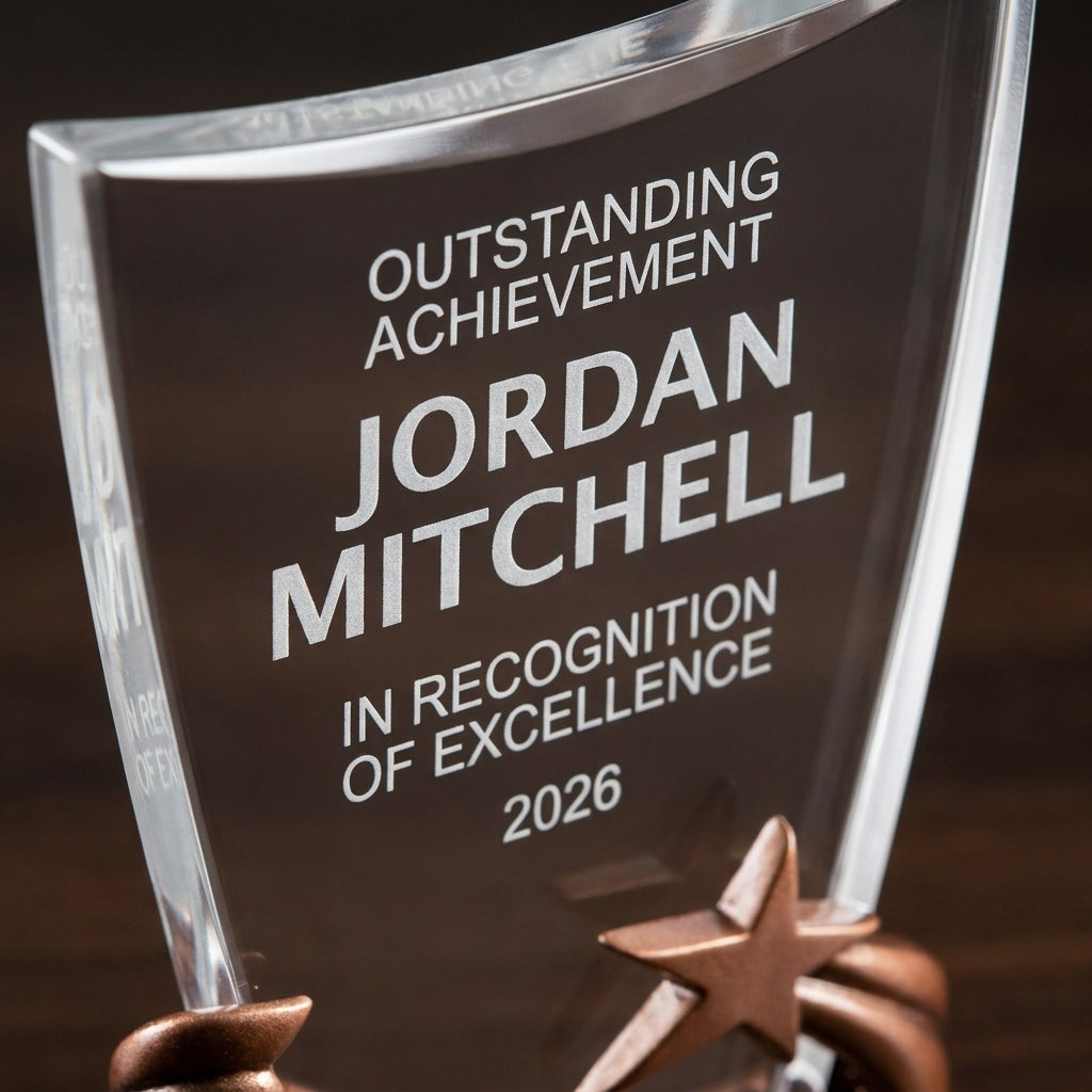 Close-up of the custom laser engraving on a personalized Brilliance Black Print acrylic award, showing crisp permanent personalization