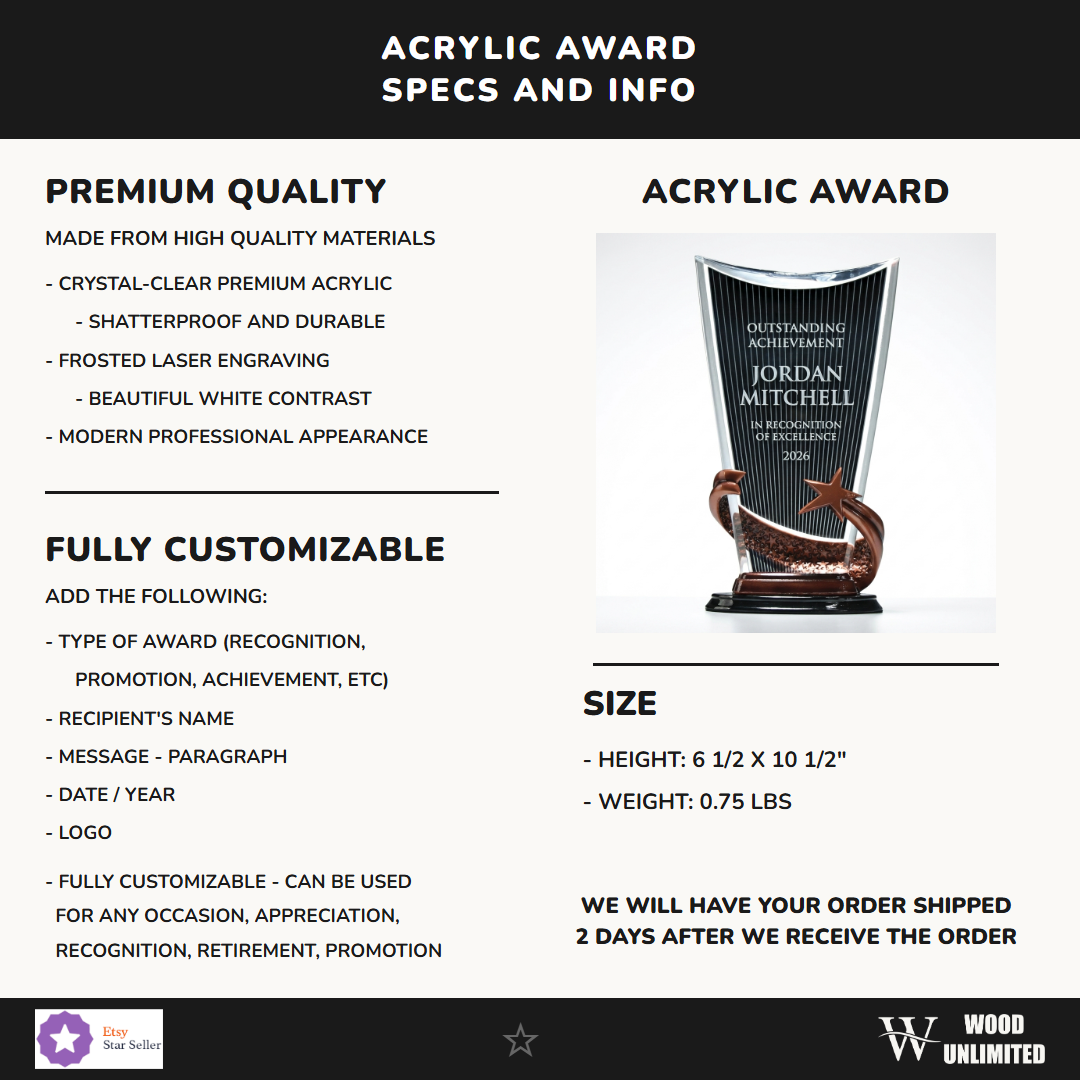 Specifications for the personalized Brilliance Black Print acrylic award — materials, engraving, and features