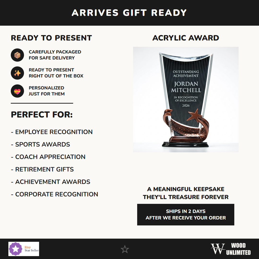 Gift-ready personalized Brilliance Black Print acrylic award, perfect for ceremonies, retirements, and corporate recognition