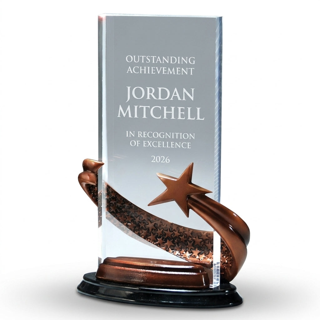 Personalized Brilliance Black Rectangle acrylic award, custom laser engraved recognition award on a clean white studio background