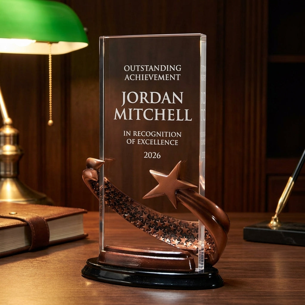 Personalized Brilliance Black Rectangle acrylic award on a warm executive desk with a green banker's lamp, engraved corporate recognition and retirement gift