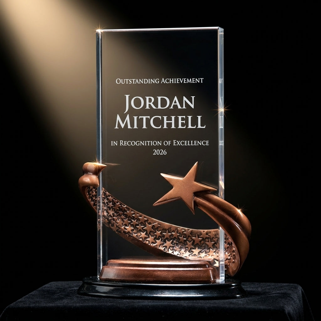 Personalized Brilliance Black Rectangle acrylic award on black velvet under awards-ceremony spotlight, engraved champion and lifetime achievement award