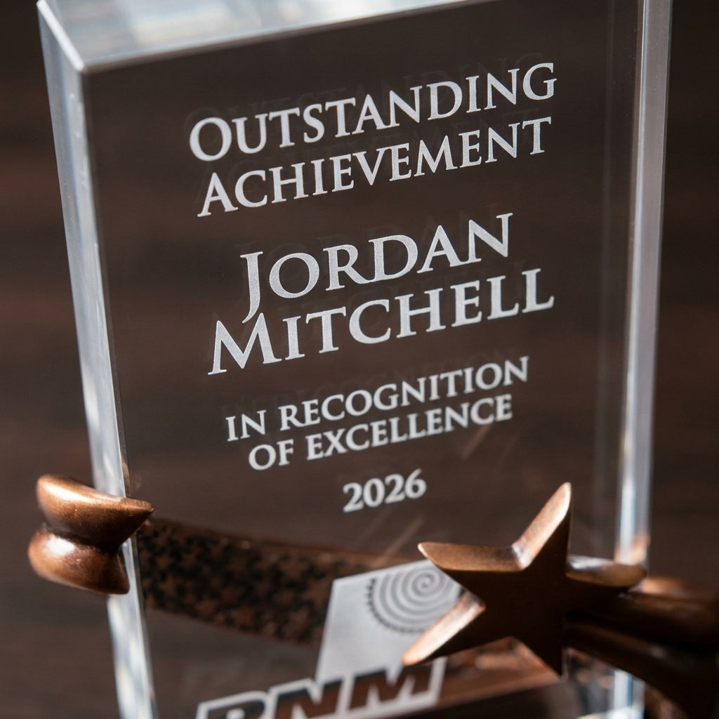 Close-up of the custom laser engraving on a personalized Brilliance Black Rectangle acrylic award, showing crisp permanent personalization