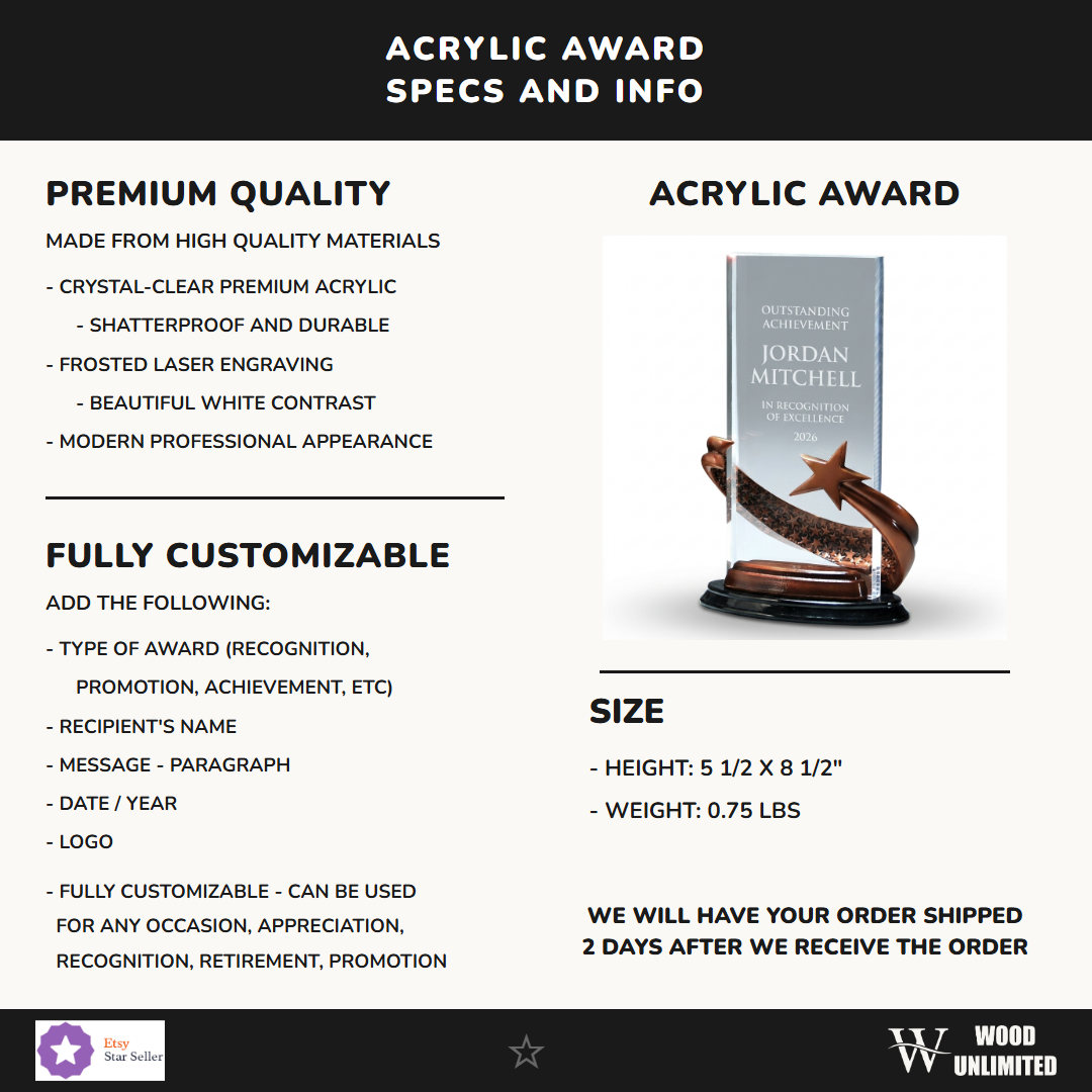 Specifications for the personalized Brilliance Black Rectangle acrylic award — materials, engraving, and features