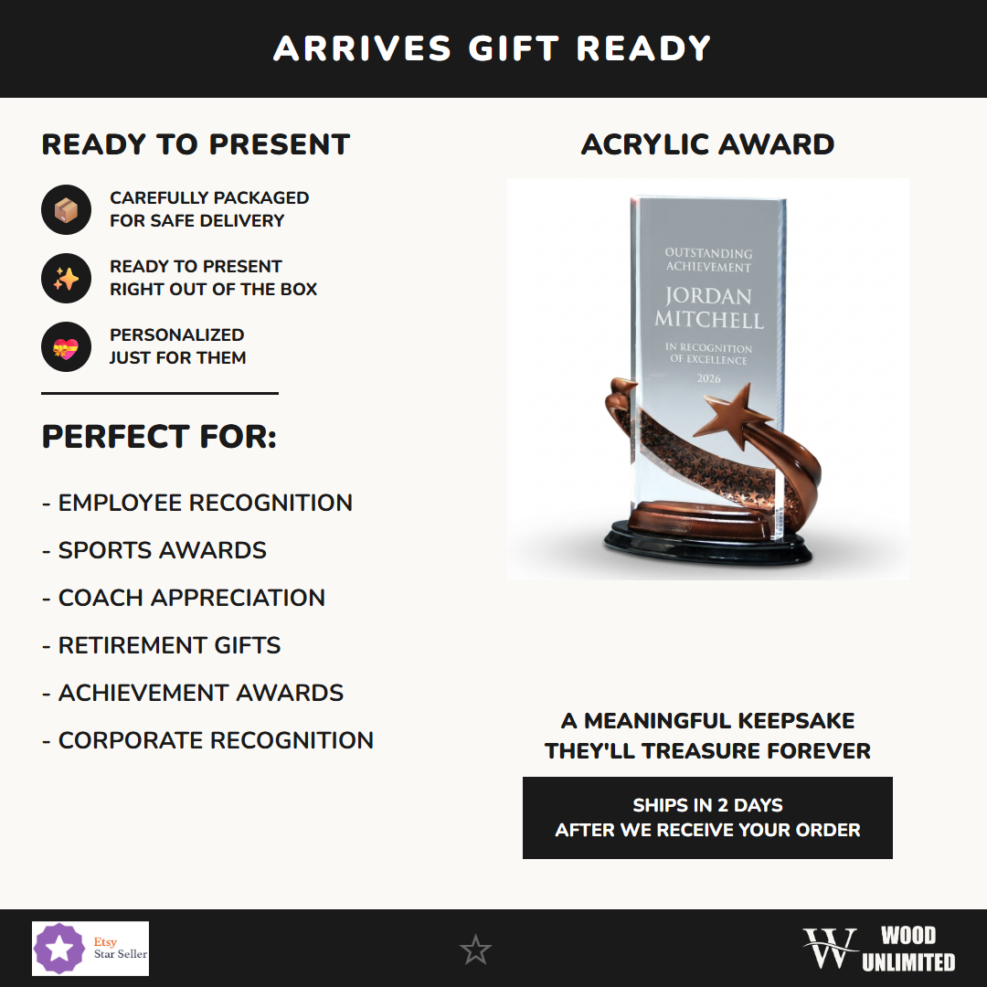 Gift-ready personalized Brilliance Black Rectangle acrylic award, perfect for ceremonies, retirements, and corporate recognition