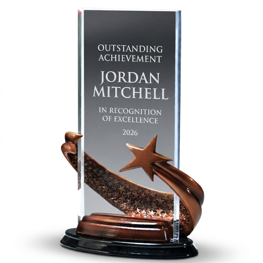Personalized Brilliance Clear Rectangle acrylic award, custom laser engraved recognition award on a clean white studio background