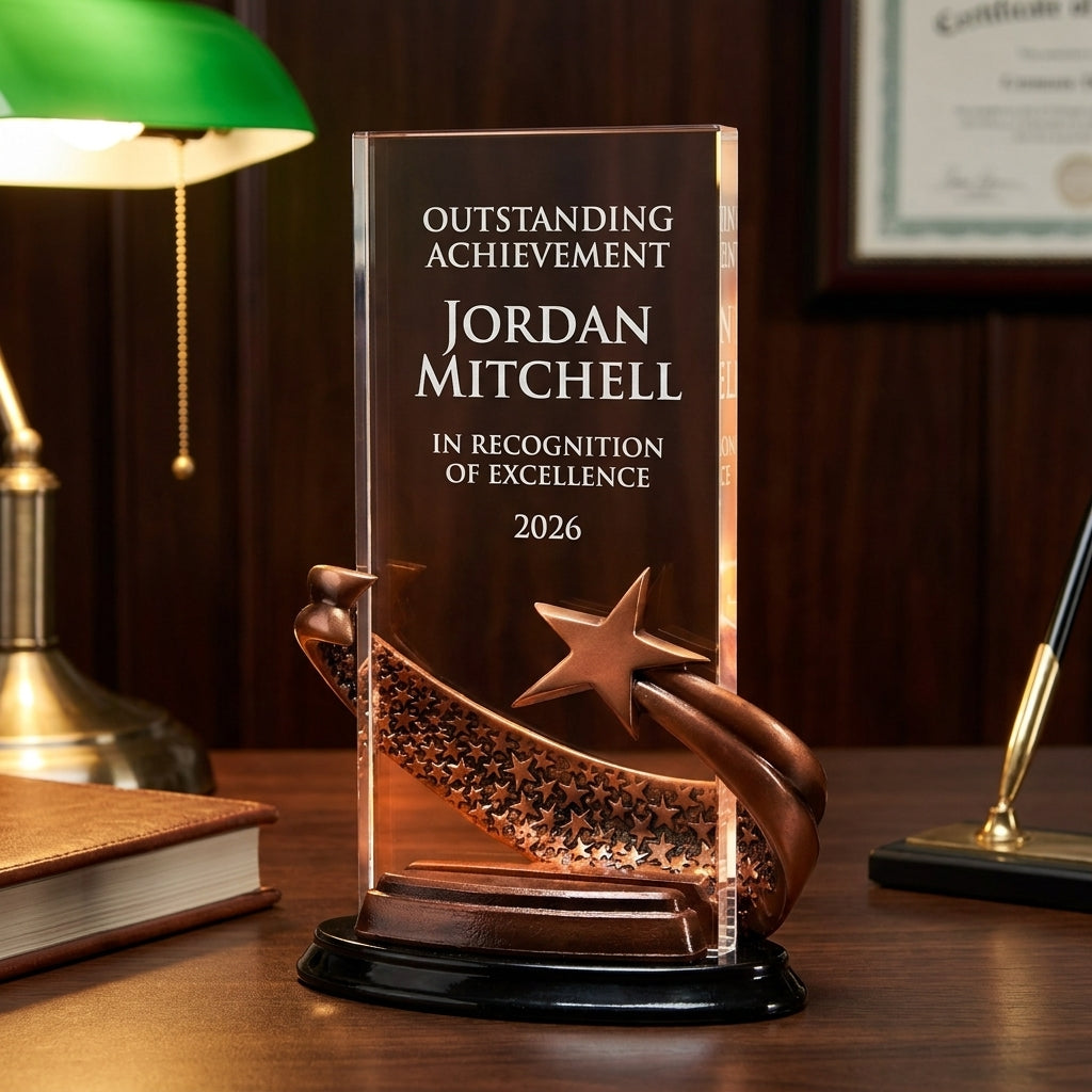 Personalized Brilliance Clear Rectangle acrylic award on a warm executive desk with a green banker's lamp, engraved corporate recognition and retirement gift