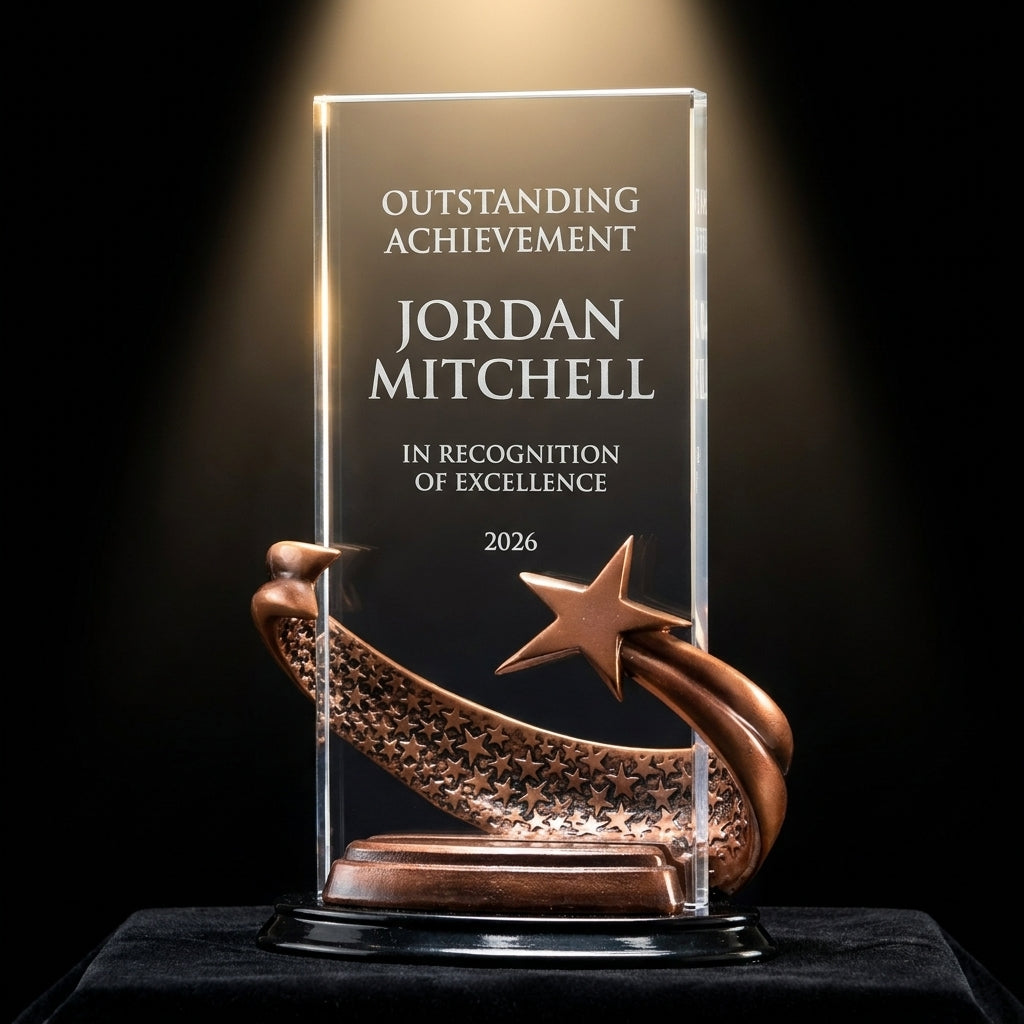 Personalized Brilliance Clear Rectangle acrylic award on black velvet under awards-ceremony spotlight, engraved champion and lifetime achievement award