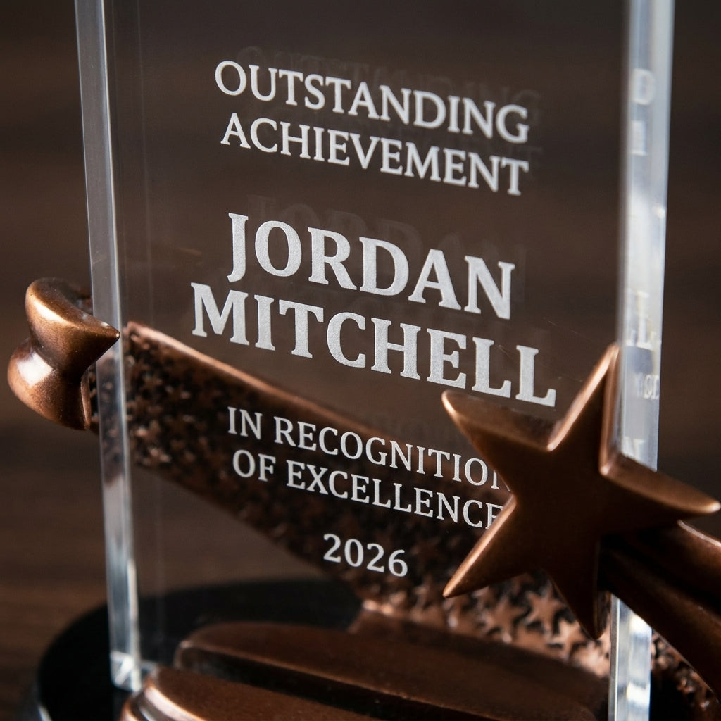 Close-up of the custom laser engraving on a personalized Brilliance Clear Rectangle acrylic award, showing crisp permanent personalization