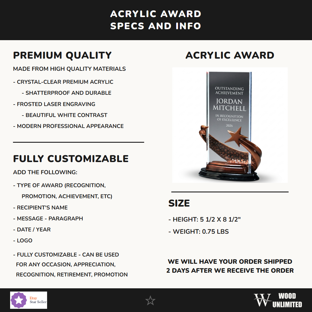 Specifications for the personalized Brilliance Clear Rectangle acrylic award — materials, engraving, and features