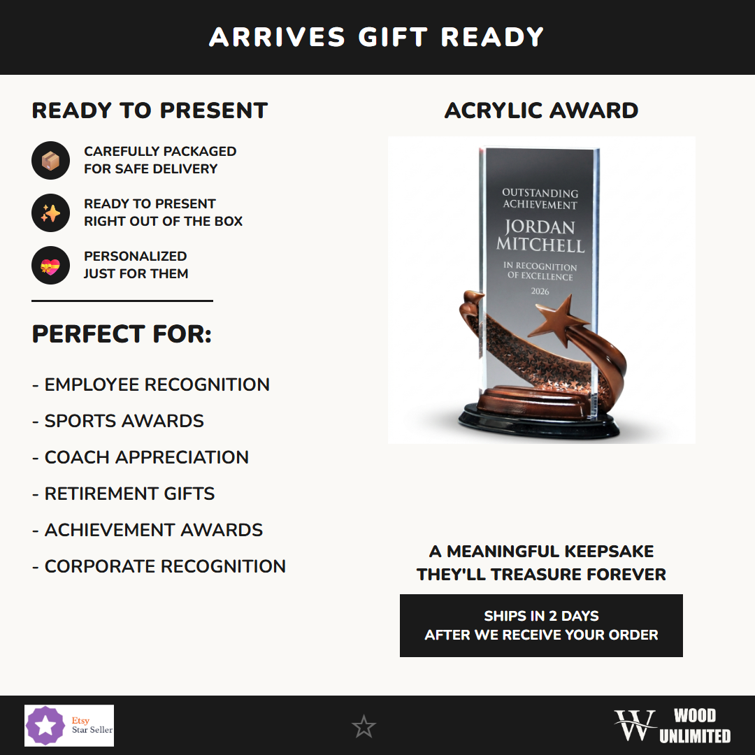 Gift-ready personalized Brilliance Clear Rectangle acrylic award, perfect for ceremonies, retirements, and corporate recognition