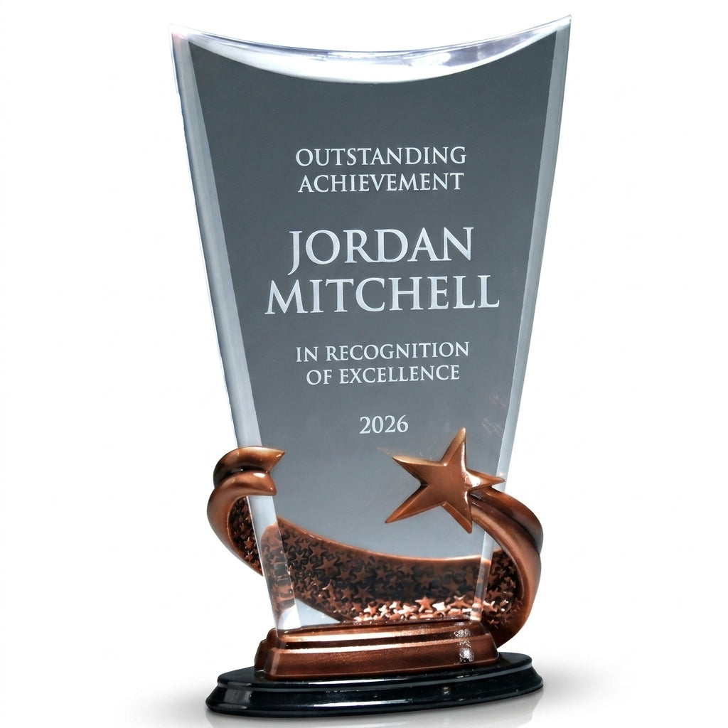 Personalized Brilliance Clear acrylic award, custom laser engraved recognition award on a clean white studio background