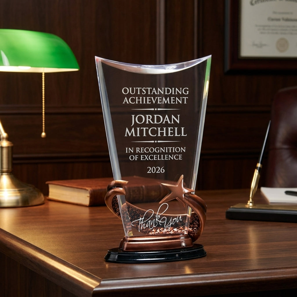Personalized Brilliance Clear acrylic award on a warm executive desk with a green banker's lamp, engraved corporate recognition and retirement gift
