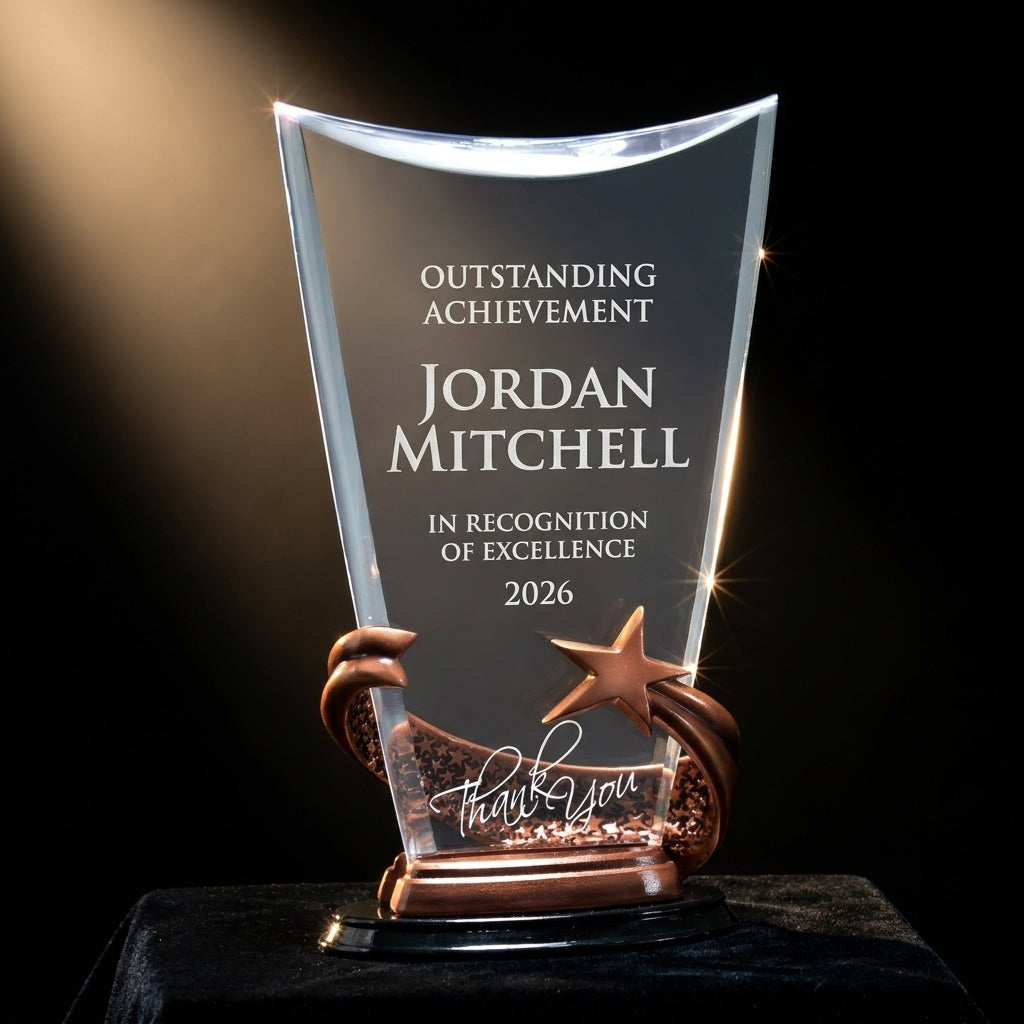 Personalized Brilliance Clear acrylic award on black velvet under awards-ceremony spotlight, engraved champion and lifetime achievement award