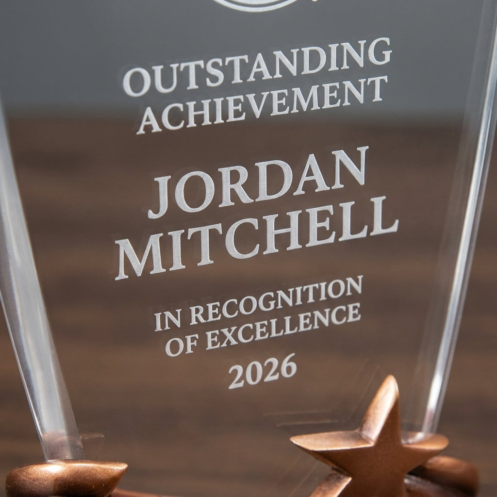 Close-up of the custom laser engraving on a personalized Brilliance Clear acrylic award, showing crisp permanent personalization