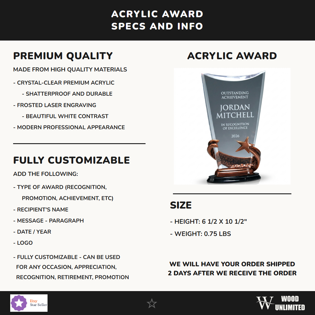 Specifications for the personalized Brilliance Clear acrylic award — materials, engraving, and features