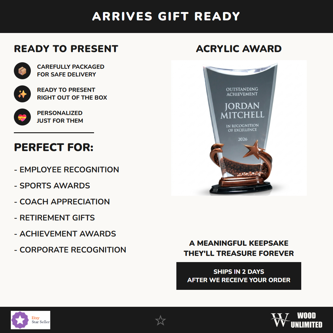 Gift-ready personalized Brilliance Clear acrylic award, perfect for ceremonies, retirements, and corporate recognition