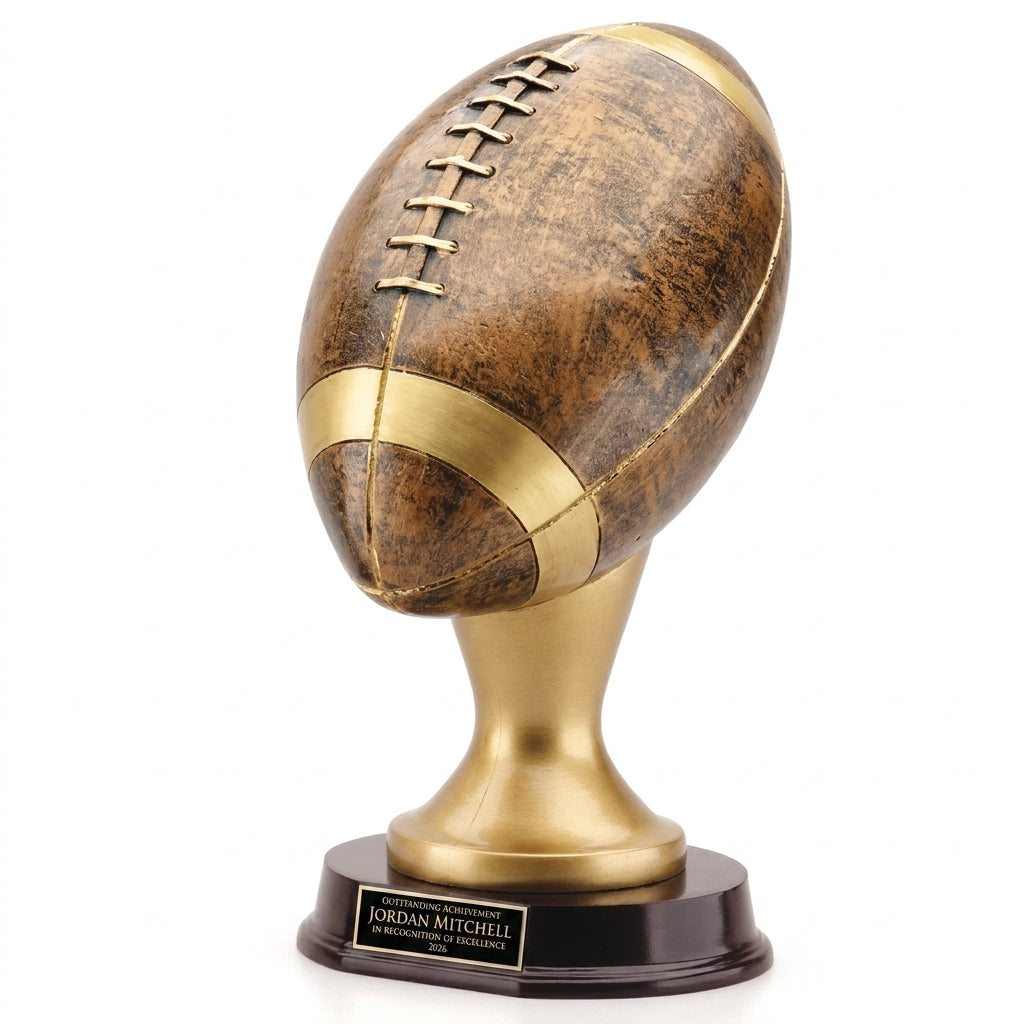 Personalized Bronze Gold Football Resin Trophy resin award, custom laser engraved recognition award on a clean white studio background