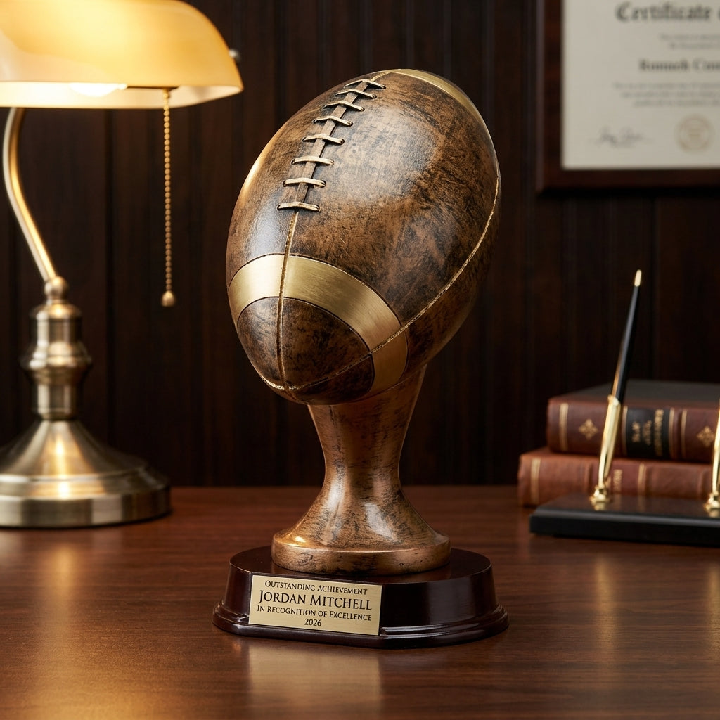 Personalized Bronze Gold Football Resin Trophy resin award on a warm executive desk with a green banker's lamp, engraved corporate recognition and retirement gift