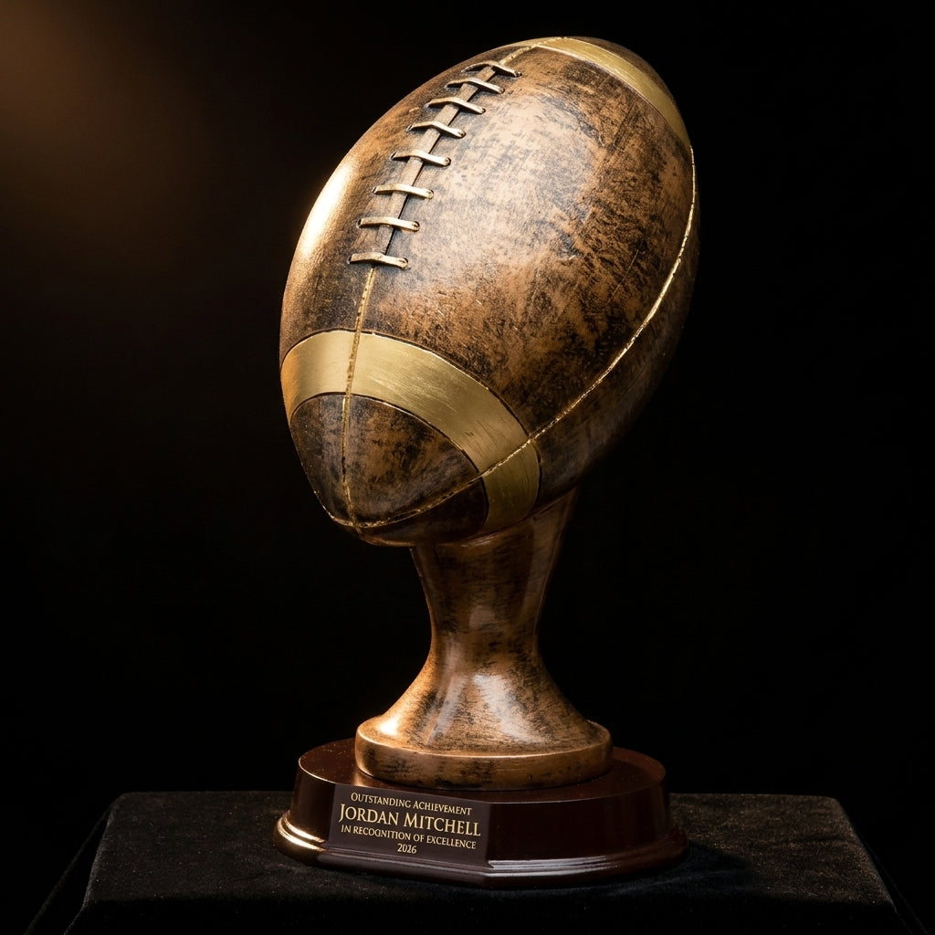 Personalized Bronze Gold Football Resin Trophy resin award on black velvet under awards-ceremony spotlight, engraved champion and lifetime achievement award
