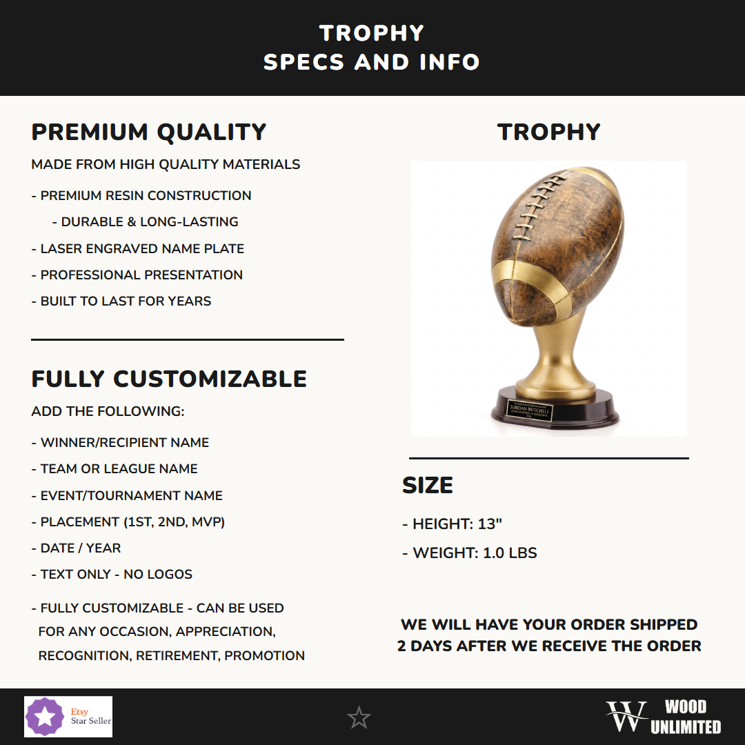 Specifications for the personalized Bronze Gold Football Resin Trophy resin award — materials, engraving, and features