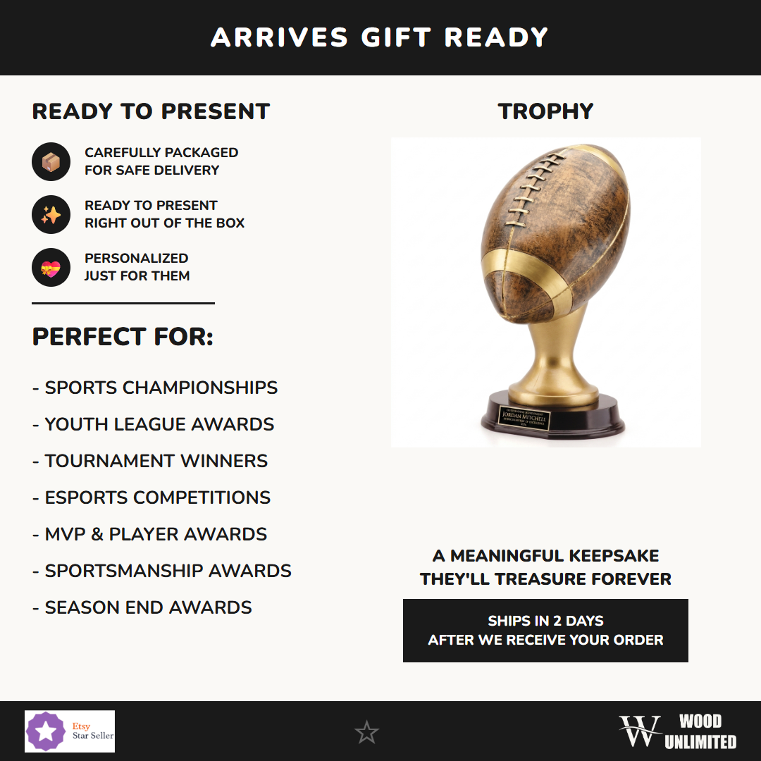 Gift-ready personalized Bronze Gold Football Resin Trophy resin award, perfect for ceremonies, retirements, and corporate recognition