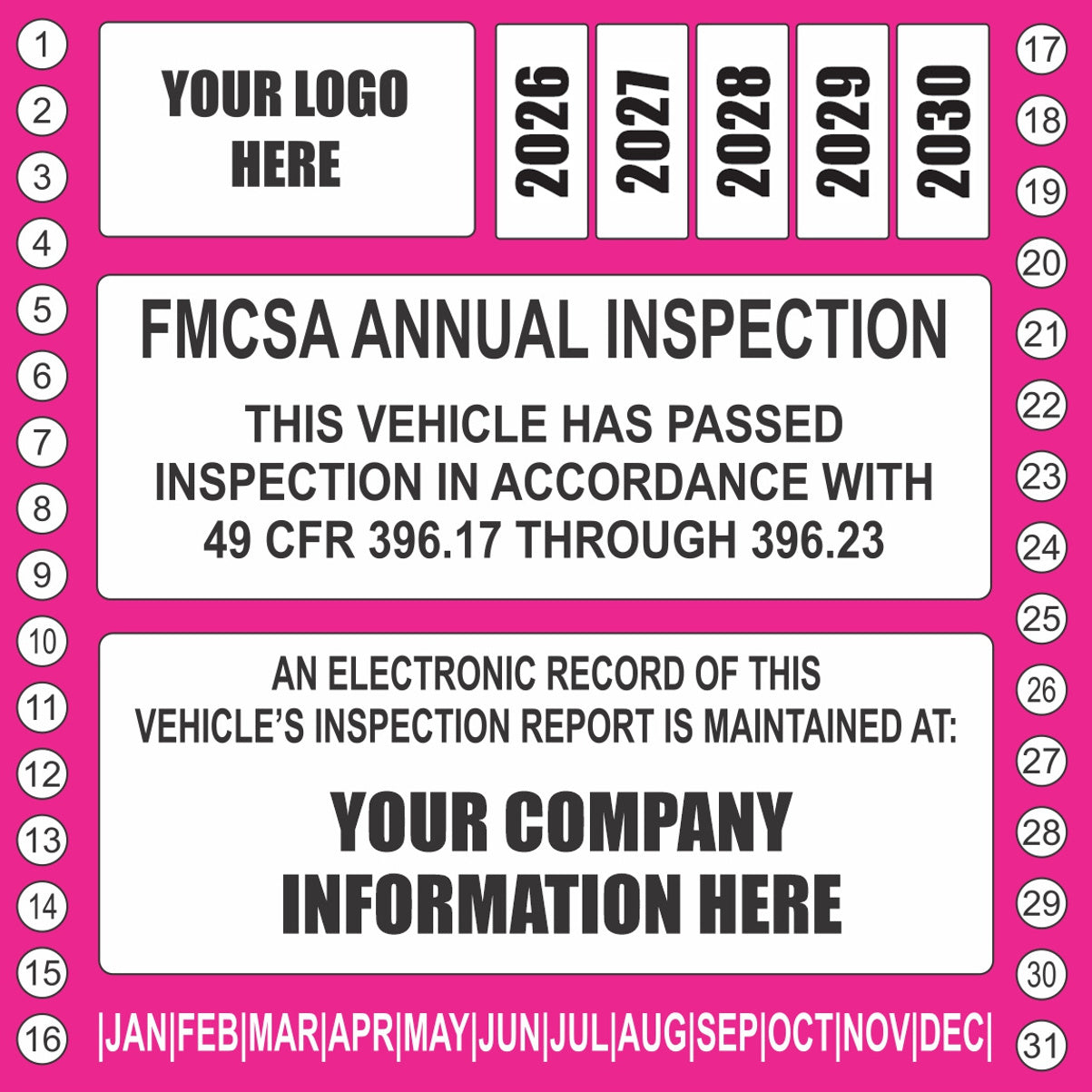 Pink FMCSA annual truck inspection label with personalized logo box and 2026-2030 years