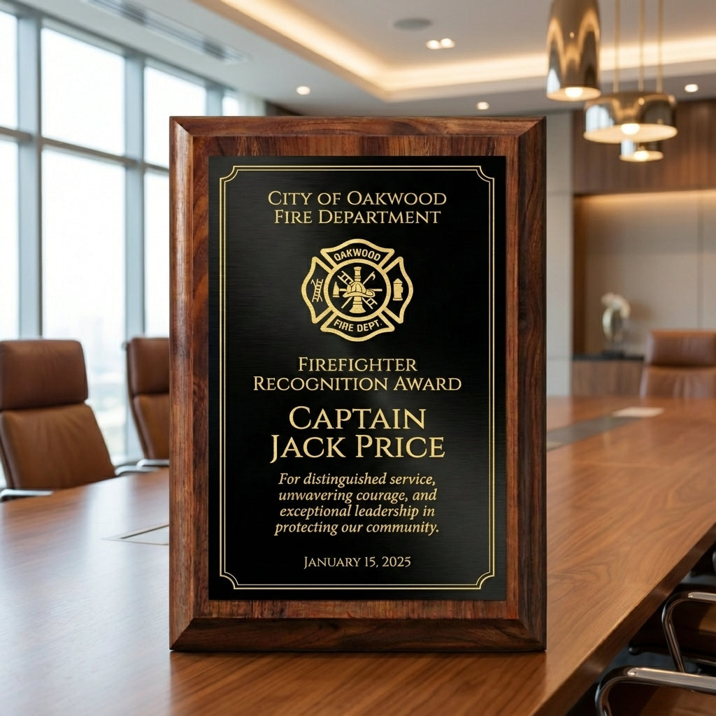 Personalized Firefighter Captain Award Plaque - Fire Department Recognition Gift - Custom Laser Engraved Wood - Hero Tribute - View 3