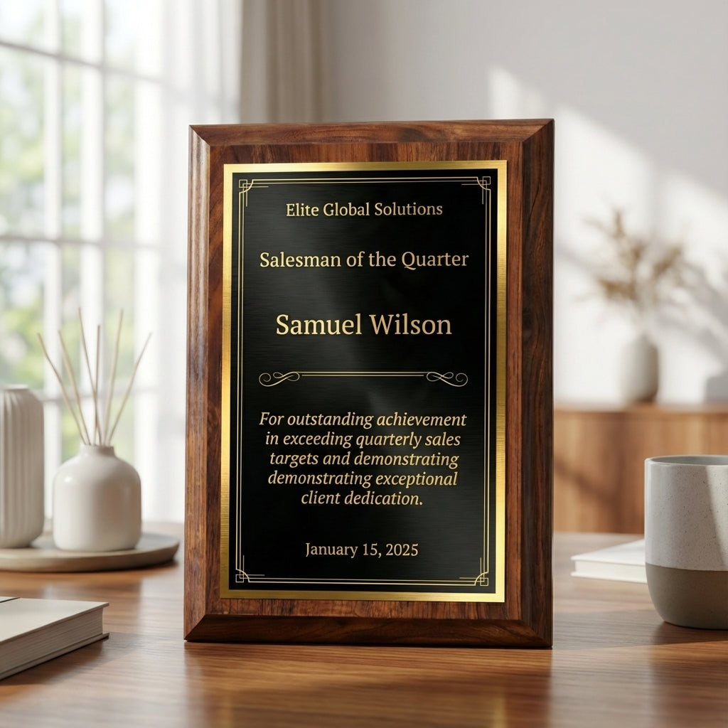 Personalized Salesman Gift Award Plaque - Employee Recognition - Quarter Award - Laser Engraved - Custom Name - View 1