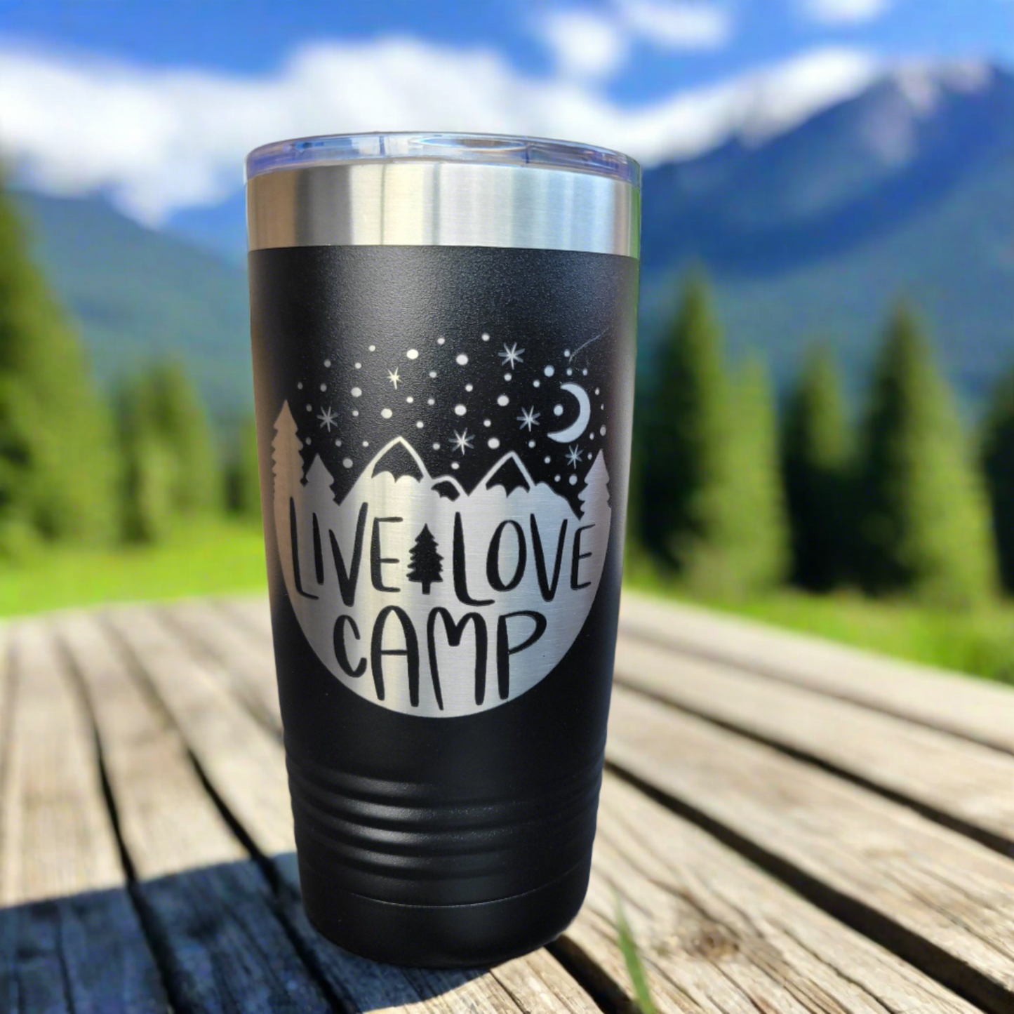 Camping Themed Insulated Tumbler, Engraved 20oz / 22oz/ 30oz Insulated Tumbler / Bottle - Hiking Camping Tumbler - Live Love Camp - Wood Unlimited#